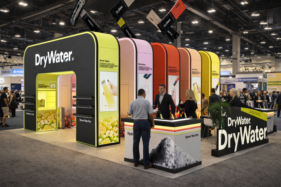 Modern DryWater trade show exhibit with colorful display panels