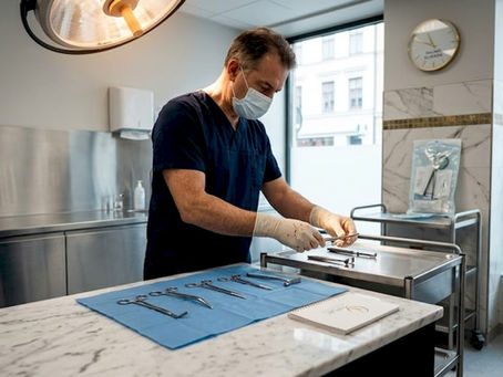 Kirurgen gör noggranna förberedelser och ställer i ordning sina instrument inför en estetisk operation.
