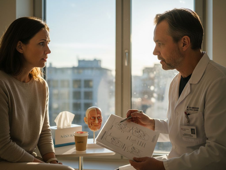 En plastikkirurg har ett konsultationssamtal med en patient i en ljus och modern klinik.