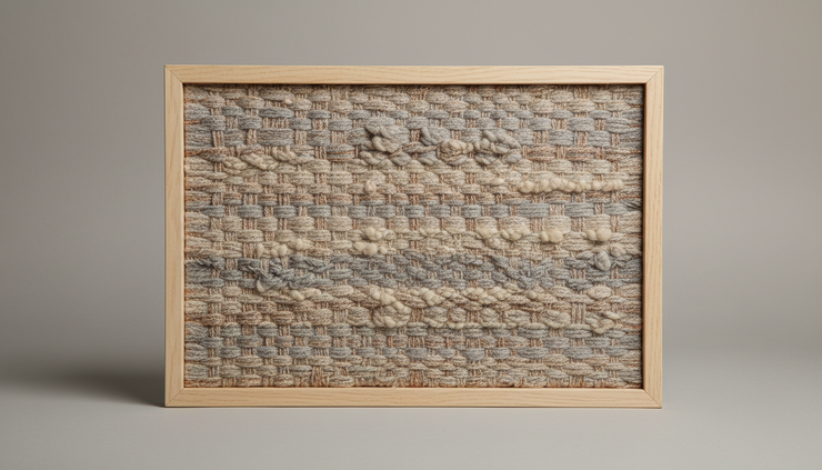 Eye-level view of a woven panel combining natural fibre and thin responsive threads