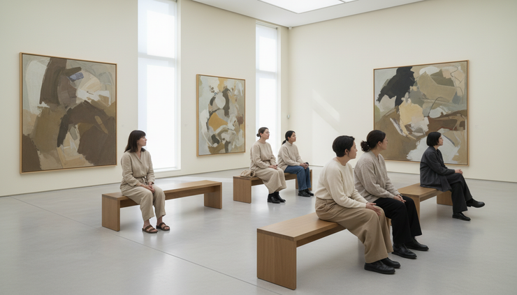 Eye-level view of a diverse group of visitors sitting quietly in a spacious gallery with paintings and accessible seating.