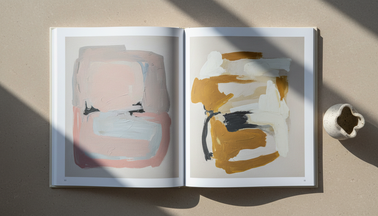 Overhead view of an open art book beside a small sculpture on a neutral stone surface.