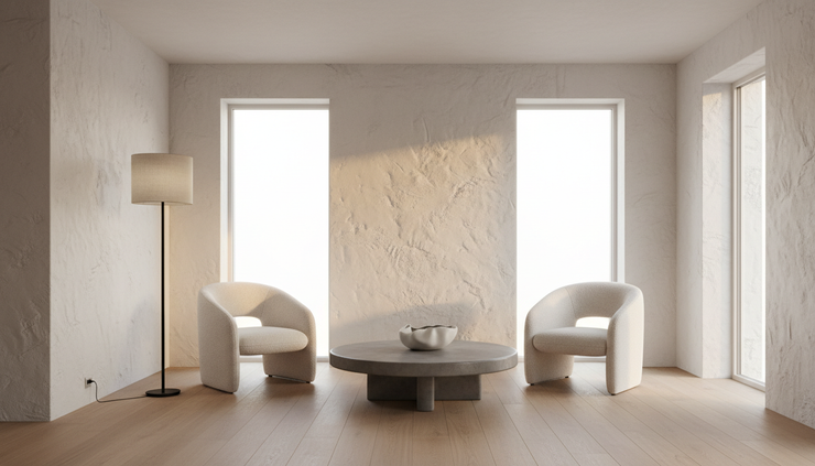 Wide-angle view of a quiet interior arranged with sculptural furniture and soft light