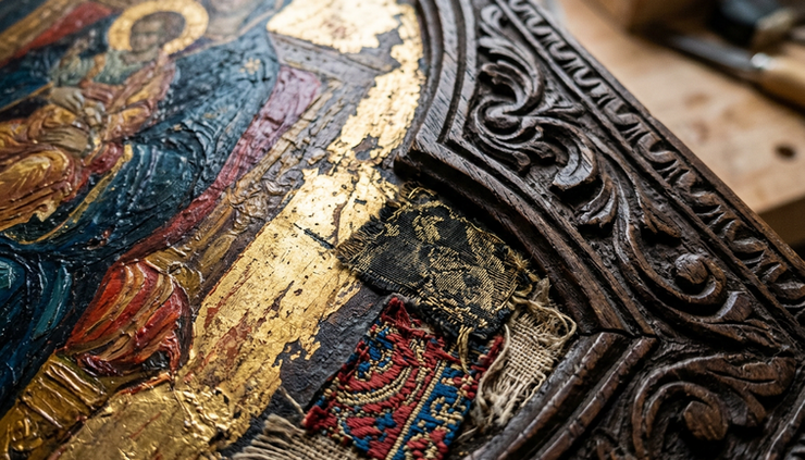 Close-up view of layered paint, gold leaf, carved wood, and textile fragments arranged as a devotional surface.