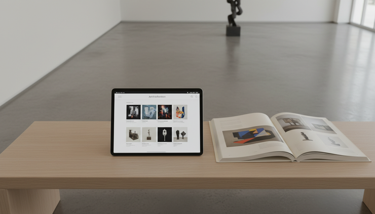Overhead view of a tablet showing a virtual exhibition beside a printed museum catalogue on a gallery bench.