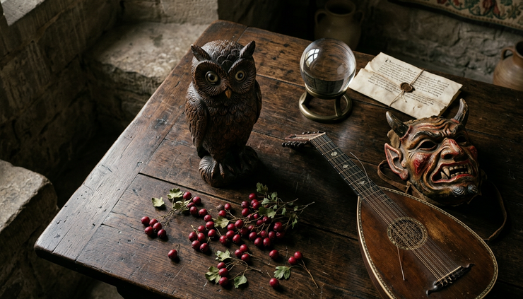 Overhead view of a medieval table with a small owl figure, ripe berries, a musical instrument and a painted demon mask arranged like symbolic objects