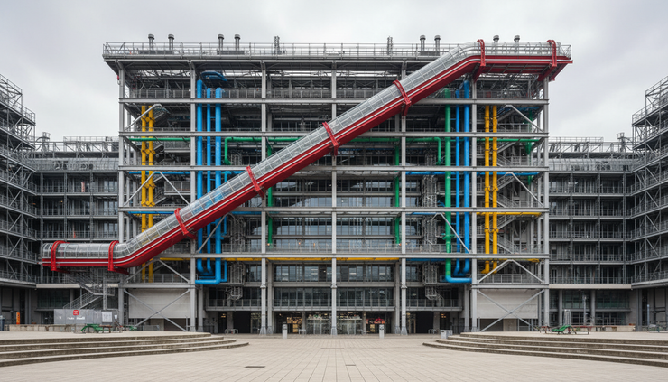 Low-angle view of the Centre Pompidou exterior in Paris.