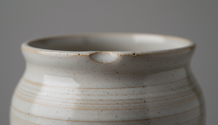 Close-up view of a ceramic rim with a subtle ash glaze and hand-thrown texture.