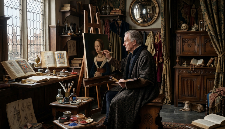 Wide-angle view of Jan van Eyck painting in a Northern Renaissance studio.