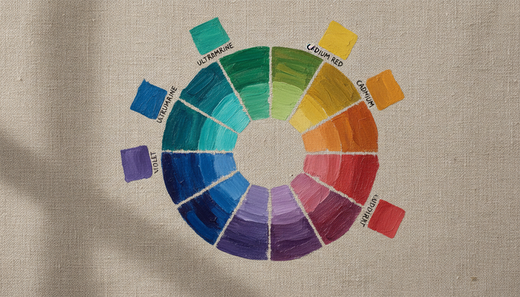 Overhead view of a painted colour wheel on raw linen beside small pigment samples.