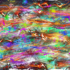 Digital artwork featuring swirling multicolored waves in blue, purple, pink, and yellow, with dynamic brushstroke textures suggesting movement and cosmic wind.