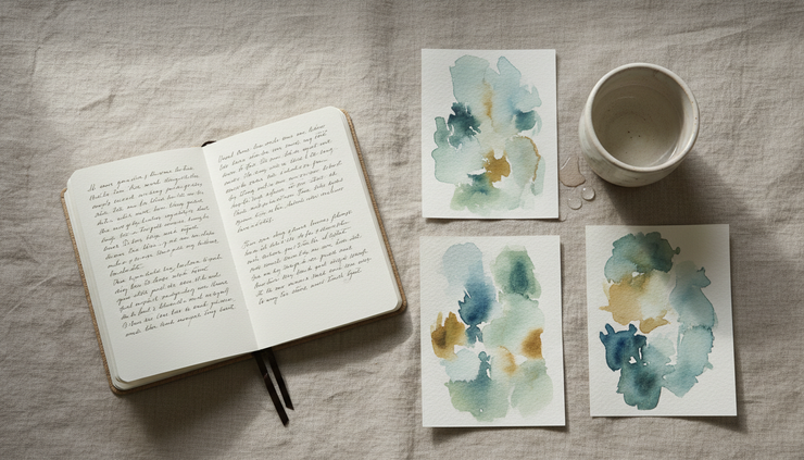 Overhead view of a small notebook beside colour studies in a studio