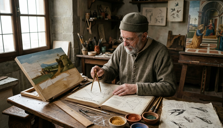 Eye-level view of a Renaissance painter studying geometric diagrams beside a wooden panel.