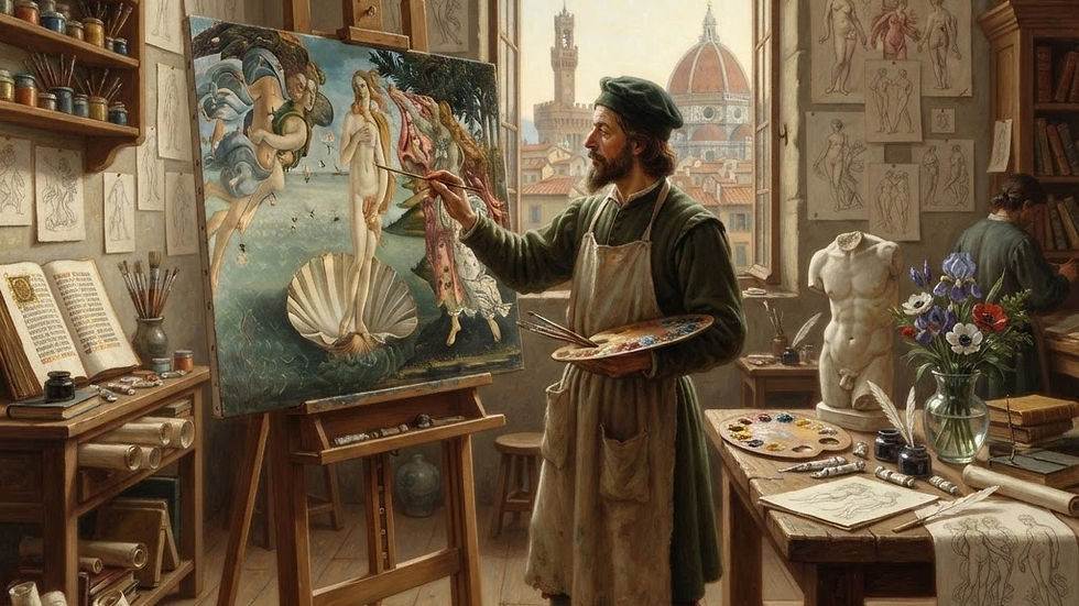 In a Renaissance studio, an artist skillfully recreates Botticelli's iconic "The Birth of Venus," surrounded by the tools of his trade and the vibrant cityscape of Florence through the window.