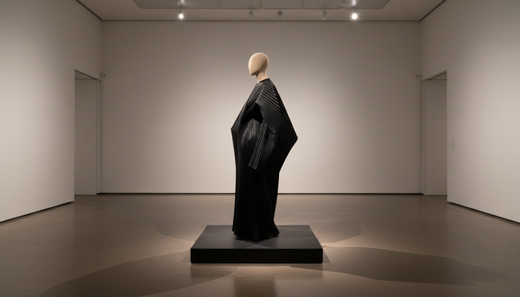 Side view of a sculptural garment displayed on a quiet museum plinth