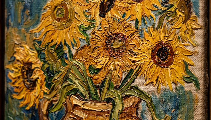 Close-up view of thick yellow paint forming sunflower petals on a canvas