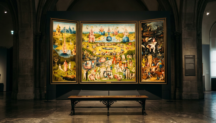 Low-angle view of a quiet museum gallery with a large triptych glowing on a dark wall and a single wooden bench in front