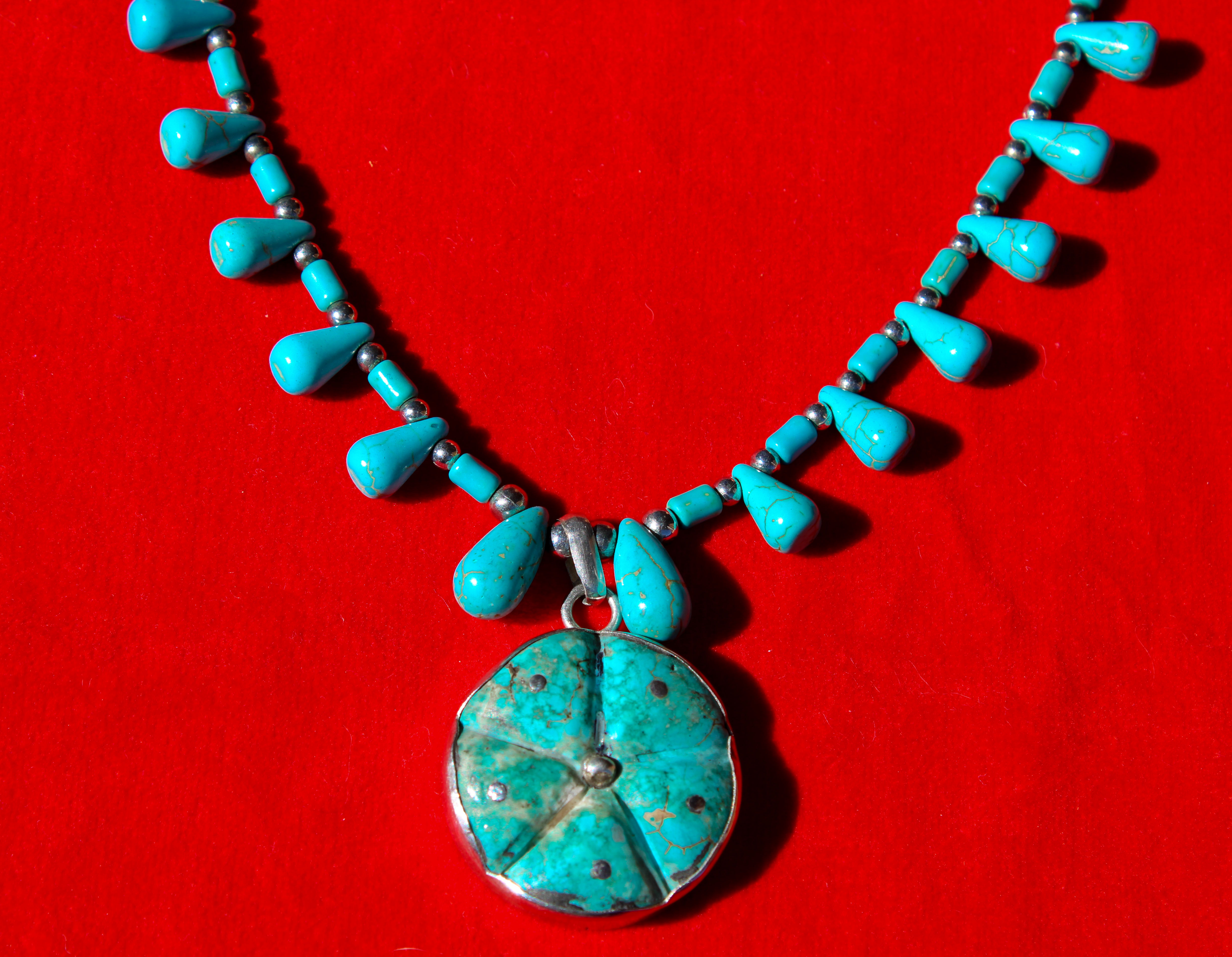 Turquoise Medicine Button, and Turquoise and Silver Bead Necklace