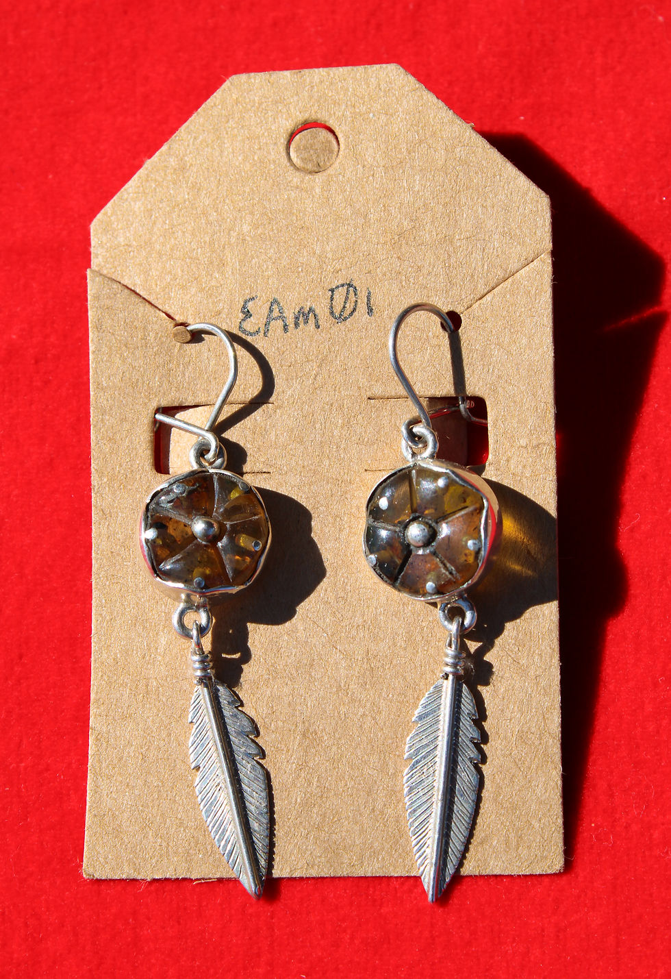 Amber Medicine Button with Silver Feather Earrings