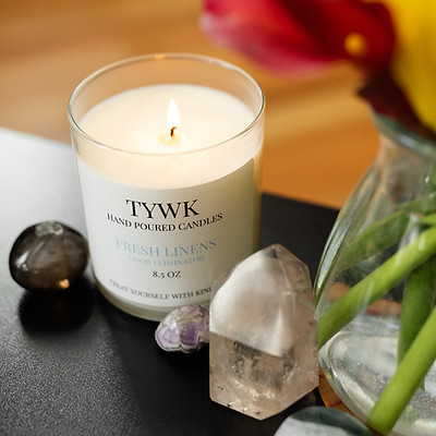 Treat Yourself With Kindness Fresh Linens (Odor Eliminator) Candle and Crystals