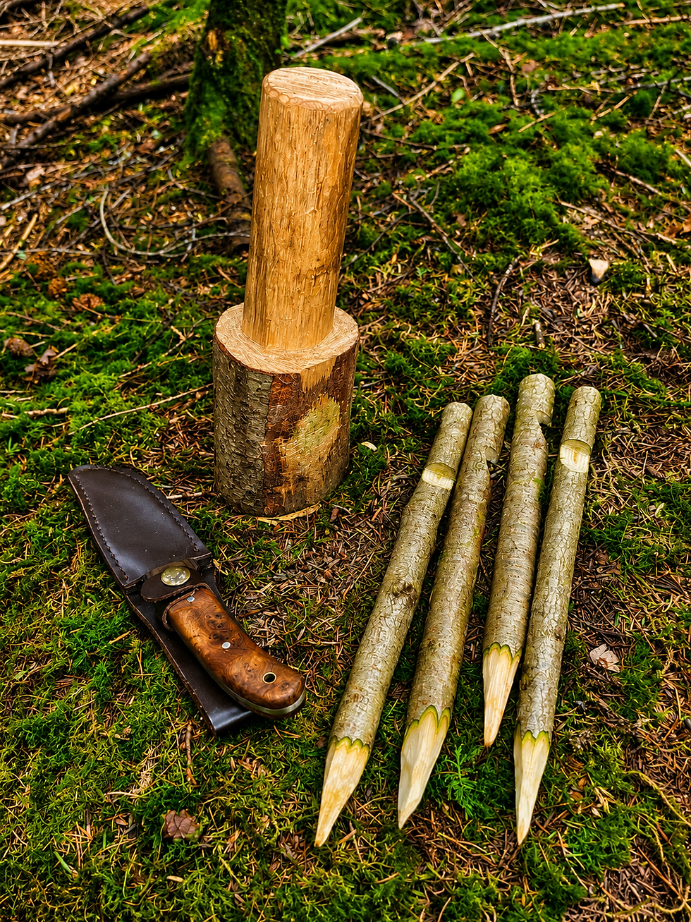 Wooden mallet, knife, and sharpened stakes for outdoor activity