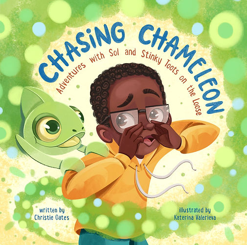 Book cover with little boy and a chameleon surrounding him with title Chasing Chameleon, Adventures with Sol and Stinky Toots on the Loose.