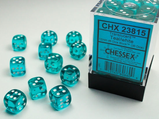 Translucent 12mm d6 Teal/white Dice Block™ (36 dice)