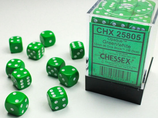 Opaque 12mm d6 Green/white Dice Block™ (36 dice)