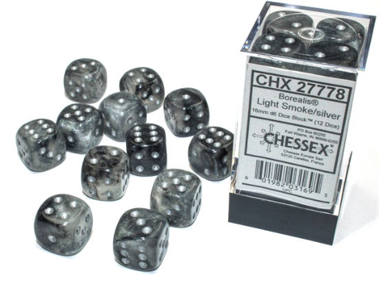 Borealis® 16mm d6 Light Smoke/silver Luminary™ Dice Block™ (
