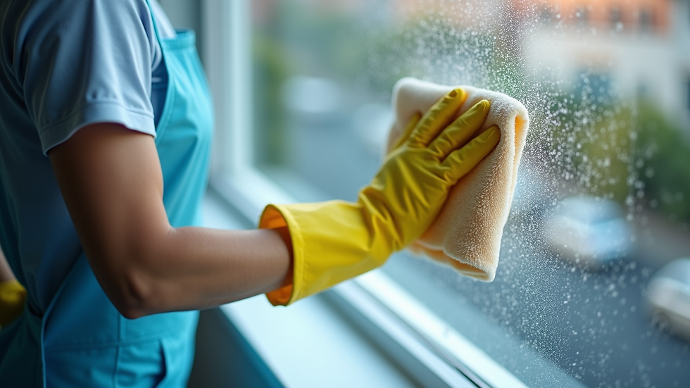 Eye-level view of professional cleaner using microfiber cloth on window