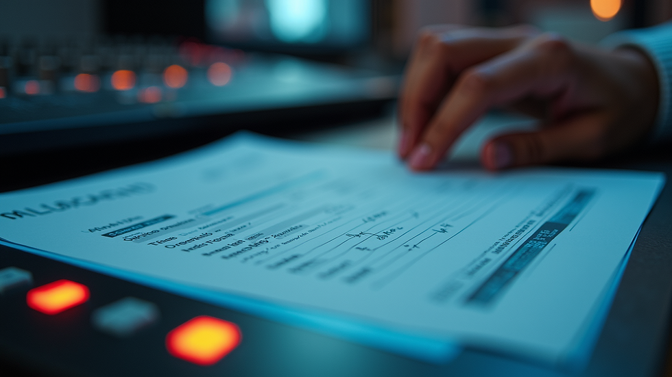 Close-up view of a mixing console with financial documents