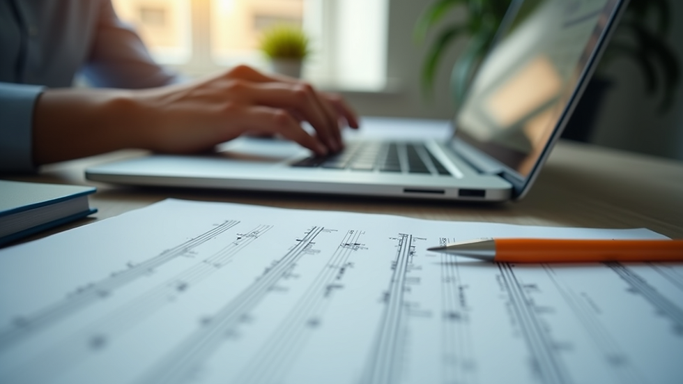 Eye-level view of a CPA working on a laptop with music sheets nearby