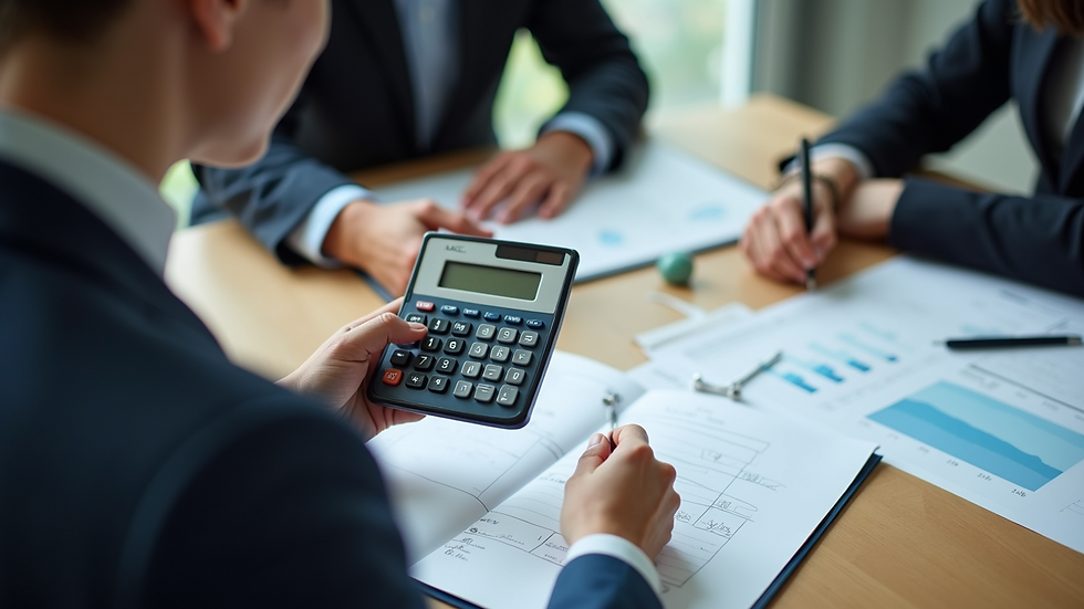 High angle view of a person reviewing documents with a calculator