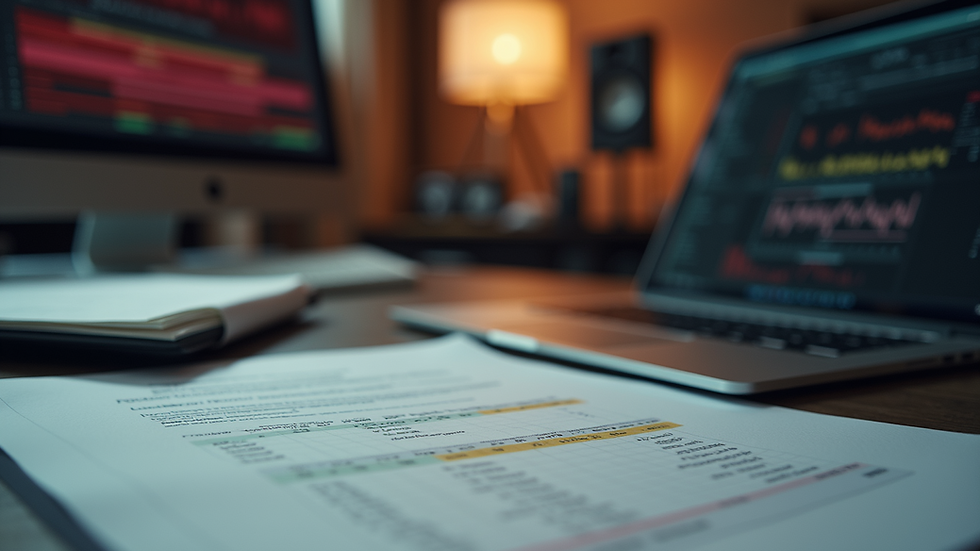 Eye-level view of a music producer's desk with a laptop and financial documents
