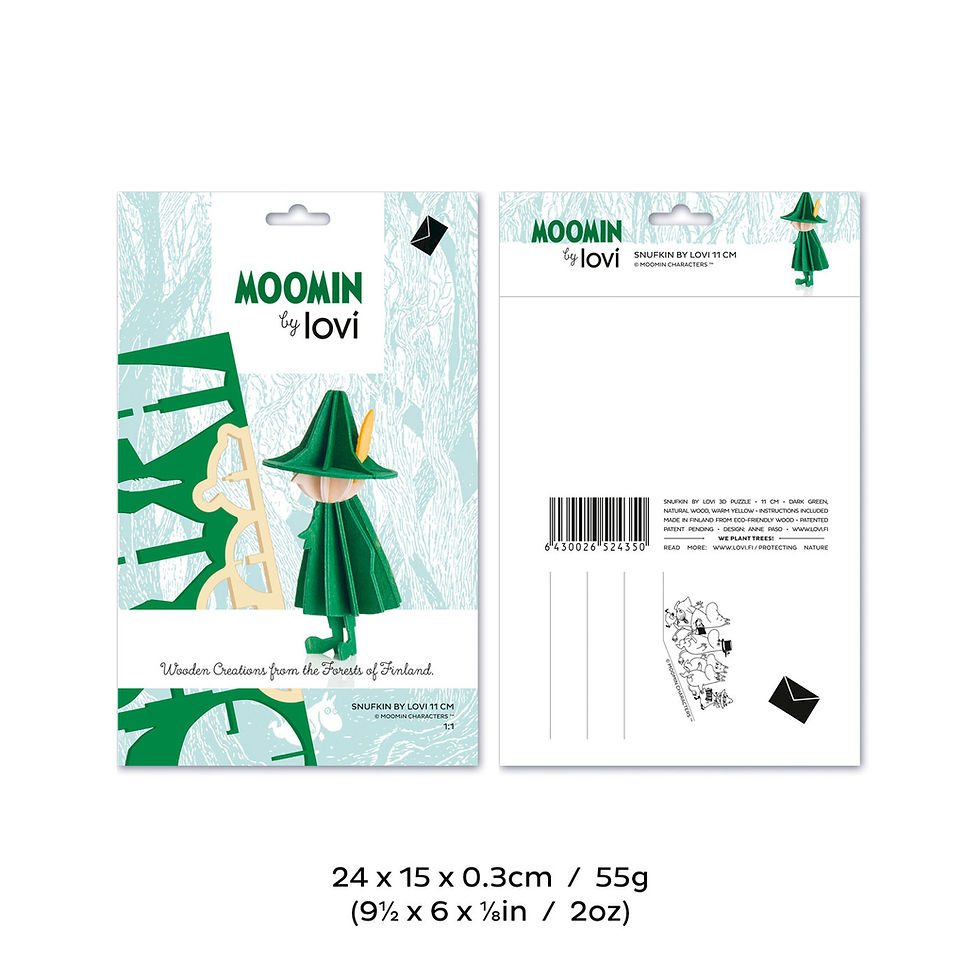 Thumbnail: package of Loví wooden puzzle of Moonin Snufkin, at Lapin Curiosities.