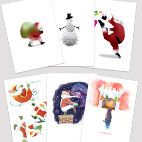Set of 6 Holiday greeting cards by Lapin Curiosities and designed by Douglas Gilbert. Whimsical images of Santa, snowman, and a dog looking at a decorated fireplace.