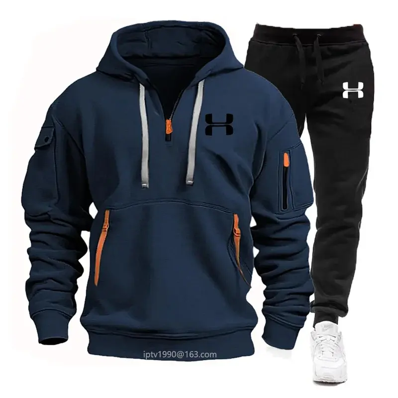 Thumbnail: Men new autumn and winter multi-pocket zipper long-sleeved hoodie + sports and l