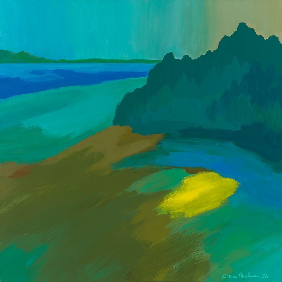 Jettison of Yellow, an original contemporary semi-abstract landscape painting by Canadian artist Rena Poulsen exploring colour, atmosphere, and simplified coastal forms.