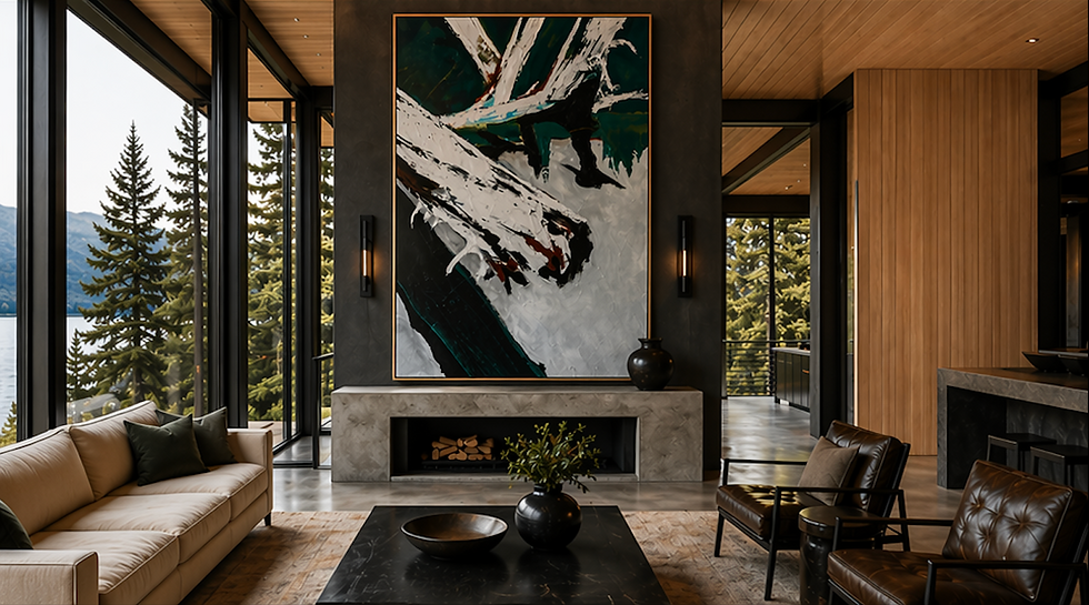 Modern West Coast architectural home featuring Westwood Reflections, a large-scale original semi-abstract landscape painting by Canadian artist Rena Poulsen.
