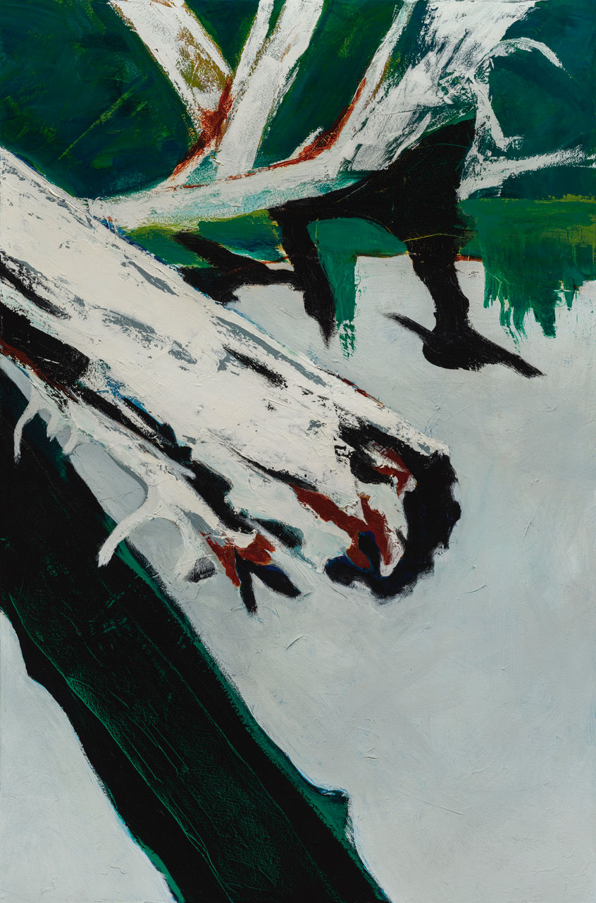 Westwood Reflections, an original semi-abstract landscape painting by Canadian artist Rena Poulsen inspired by sun-bleached driftwood at Westwood Lake on Vancouver Island.