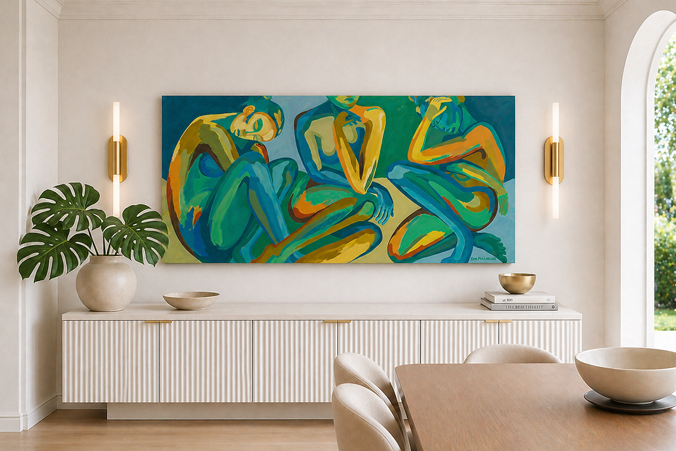 Light and airy contemporary dining room featuring What We Hold Inside, a large-scale original expressive figurative painting by Canadian artist Rena Poulsen.