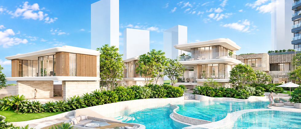 Panoramic view of all three exclusive beachfront villa structures and the wellness lagoon pool at Soondri Wongamat