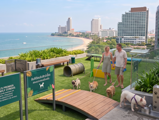 A couple walking small dogs in a luxury rooftop pet agility park overlooking the ocean in Pattaya, showcasing the premium amenities of a pet friendly condo for sale.