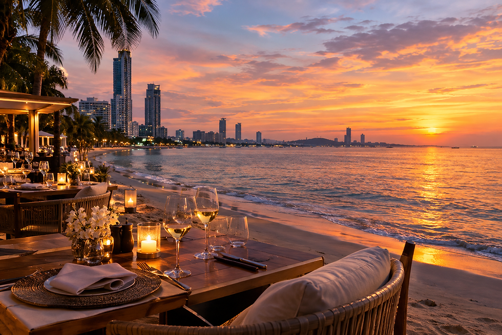 Upscale beachfront dining terrace and coastal high-rises illustrating the best neighborhoods in Pattaya for foodies