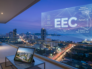A futuristic digital map of the Eastern Economic Corridor (EEC) viewed from a luxury high-rise condo balcony, illustrating the immense potential of a Pattaya real estate EEC investment.