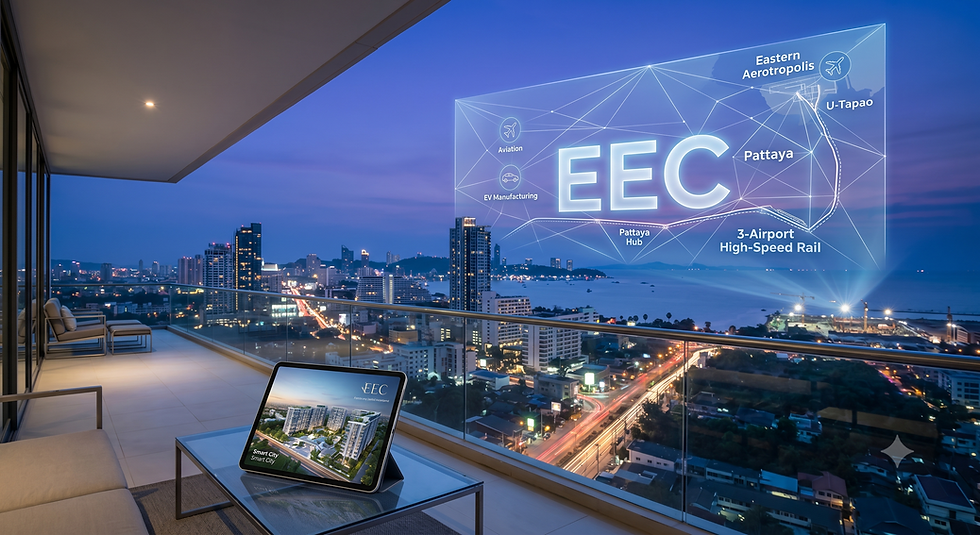 A futuristic digital map of the Eastern Economic Corridor (EEC) viewed from a luxury high-rise condo balcony, illustrating the immense potential of a Pattaya real estate EEC investment.