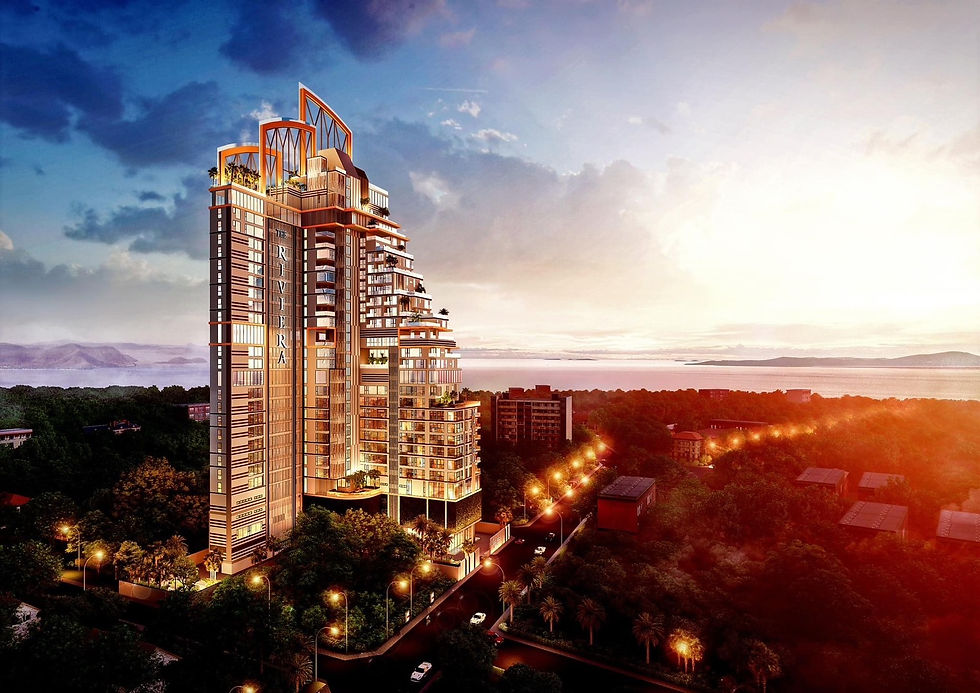 The iconic Art Deco-inspired facade of Riviera Malibu Residences and Hotel in Pratumnak, showcasing tiered infinity pools and glass balconies.