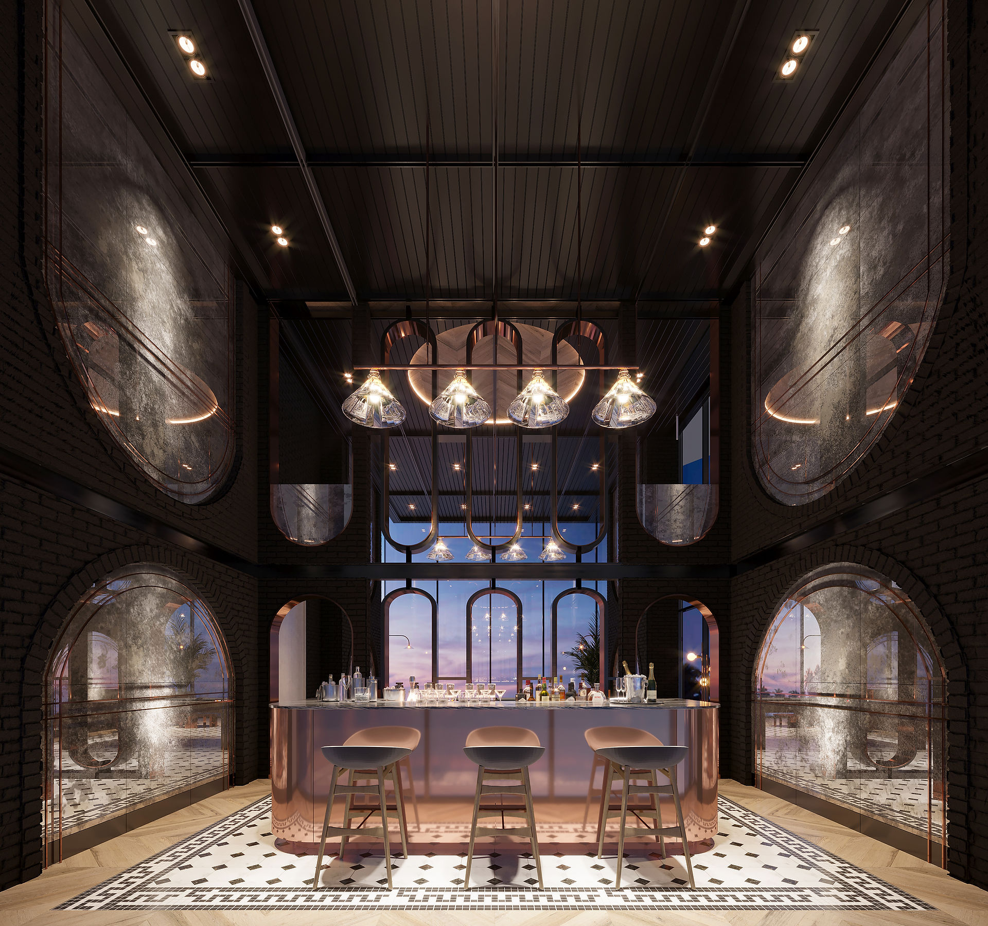 Sophisticated private lounge bar with a metallic copper counter, arched mirror walls, and ambient lighting at Skypark Lucean Jomtien Pattaya.