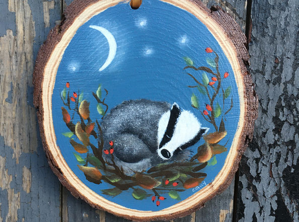 Hand painted wood slice ornament - Badger