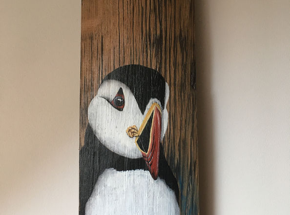 Hand painted whisky barrel stave - Puffin